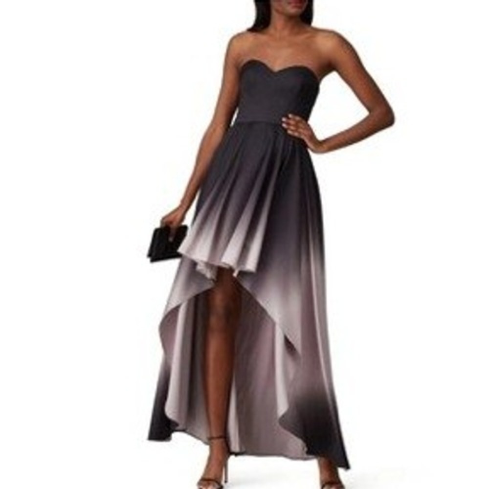 Badgley Mischka Black Ombre Strapless High Low Formal Gown Satin Dress